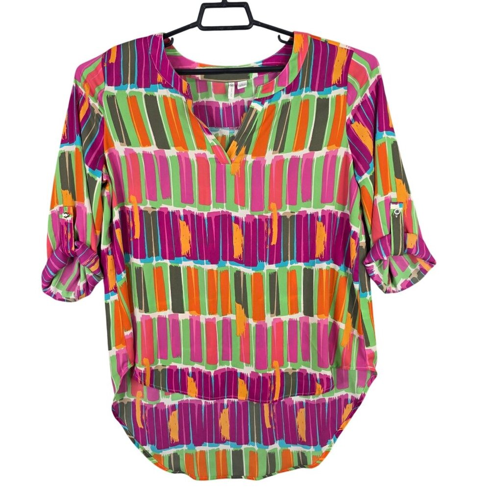 Womens Cato Multicolor Abstract Print Blouse 100% Polyester Roll Tab Sleeves L